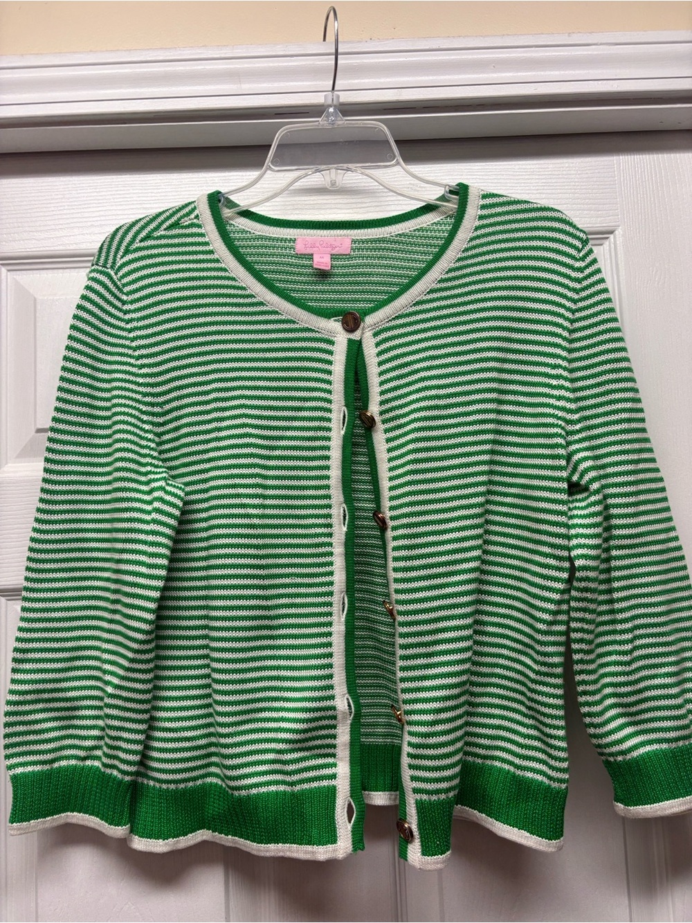 Lilly Pulitzer Green and White Striped Knit Cardigan Gold Buttons Medium